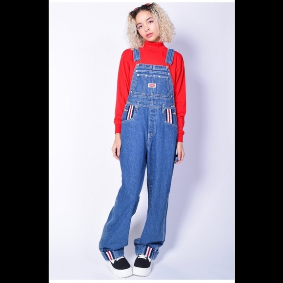 red jean overalls